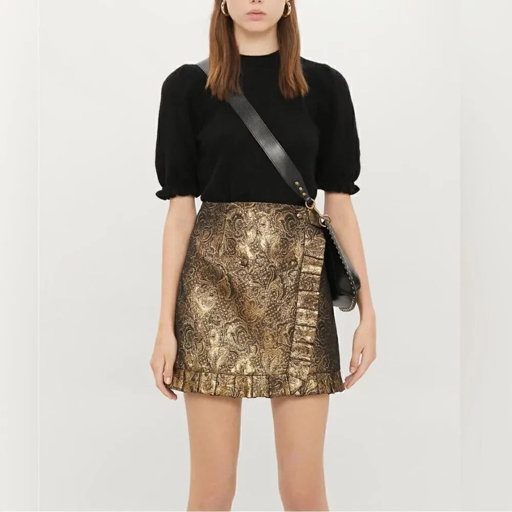 Sandro Paris Goldena Metallic Bronze Brocade Ruffled Mini Skirt
